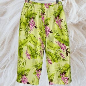 Bernard Holtzman Ankle Pants Women XL Green Silk Floral Tropical Beach Cruise